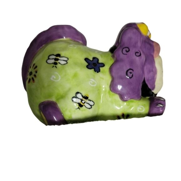 2002 CBK LTD Whimsical Colorful Ceramic Dog Figurine with Flowers & Swirls & Bee - Picture 7 of 11